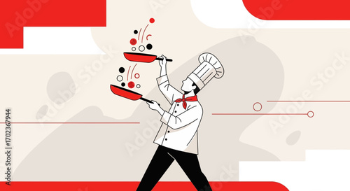 Chef Illustrating Culinary Skill While Presenting Dish Cookware and Flavors in Action