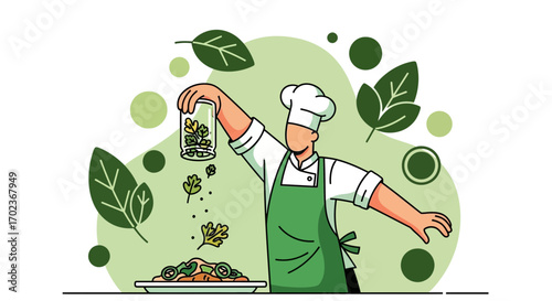Chef Infusing Fresh Herbs Into Culinary Creation, Artistic Illustration For Cooking Projects