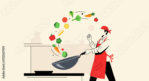 Chef Illustration: Dynamic Cooking Vegetable Culinary Arts With Professional Precision