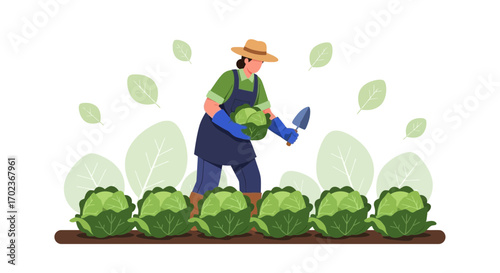 Cultivating Bounty: A Gardener's Harvest Amidst Lush Cabbage Plants in the Field
