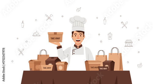 Chef Joyfully Presenting Takeaway Orders Ready For Delivery In A Modern Culinary Setting