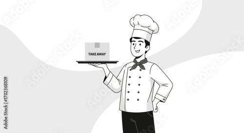 Chef Offering Takeaway Box, Representing Restaurant Food To Go Service in Monochrome Style