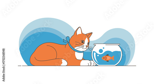 Curious Cat Gazing At Its Aquatic Friend, The Fish, In A Clear Glass Bowl