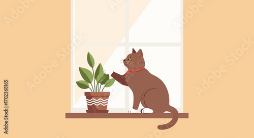 Curious Cat Examining The Greenery Growing Next To A Window In A Cozy Environment