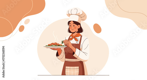 Chef Plating Gourmet Dish, Culinary Artwork, Preparing Food, Kitchen Expertise Illustrated