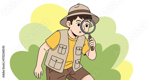 Curious Explorer Looking Through Lens Discovering Nature With A Wide Eye, Detailed