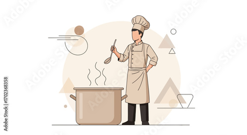 Chef Preparing a Dish, Culinary Illustration in Modern, Minimalist Flat Design Style