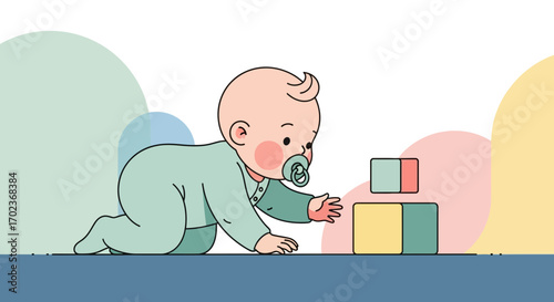 Curious Infant Interacting With Toy Blocks, Exploration And Early Childhood Learning