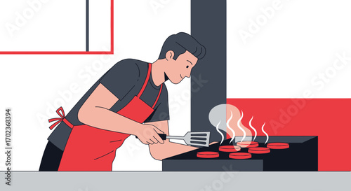 Chef Preparing Burgers on a Grill in a Stylized Minimalist Illustration
