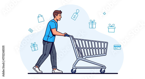 Customer Pushing Shopping Cart, Presents, and Credit Card Signifying Commerce and retail