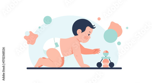 Cute Baby Reaching For A Toy Illustration Depicting Childhood Growth And Development
