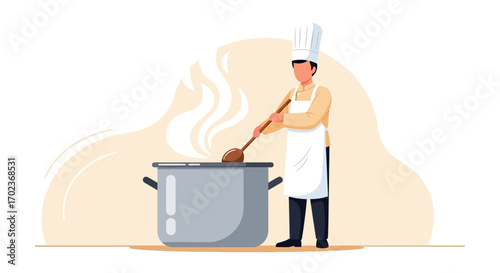 Chef Preparing Delicious Food in a Pot, Culinary Illustration for Your Kitchen Designs
