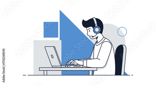 Customer Support Representative Working At Computer Addressing Issues Using Headset During Work