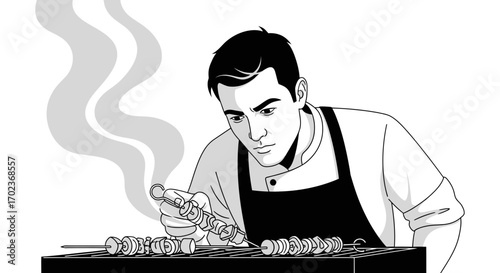 Chef Preparing Delicious Kebabs, Grilling On Barbecue, Focused On The Culinary Art