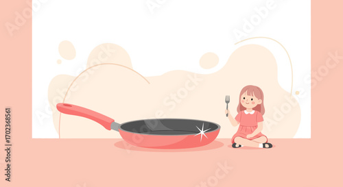 Cute Cartoon Girl Beside Frying Pan, Preparing for Meal On Light Pastel Background