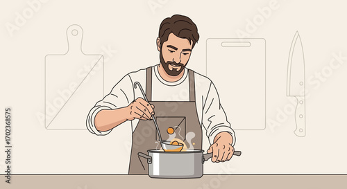 Chef Preparing Delicious Meal In The Kitchen While Using A Ladle, Artwork Style.