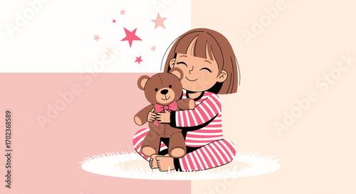 Cute Girl Happily Hugging Teddy Bear, Adorable Illustration, Smiling Childhood Moments