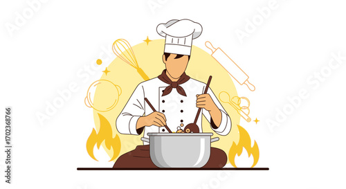 Chef Preparing Food In Kitchen, Cooking Delicious Meal With Cooking Accessories.