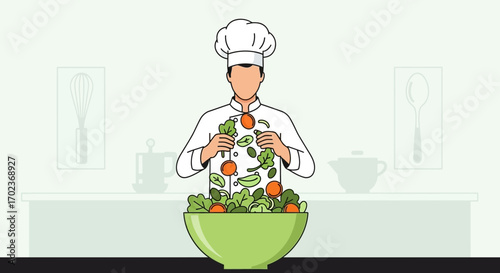 Chef Preparing Fresh Salad In Kitchen, Culinary Composition With Healthy Ingredients