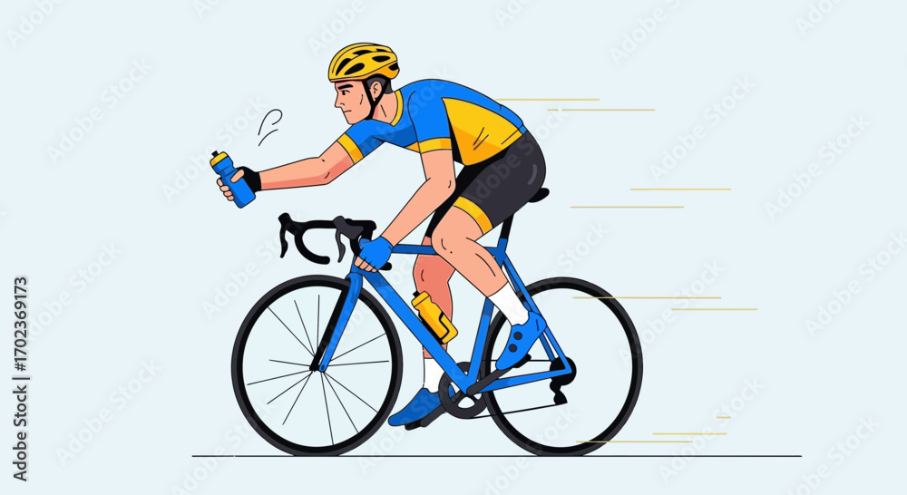 Fototapeta premium Cyclist Speeding While Drinking Water Depicted In Bright And Simple Graphic Illustration