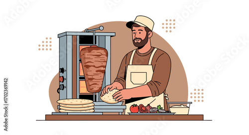 Chef Preparing Shawarma with Fresh Ingredients and Delicious Pita Bread for a Meal