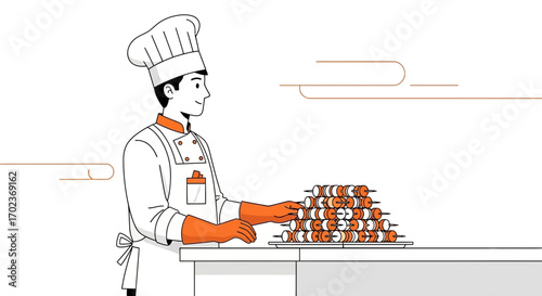 Chef Preparing Skewered Delights, Showing Culinary Expertise for Visual Appeal And Deliciousness