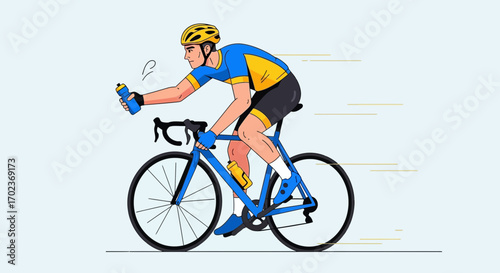 Cyclist Speeding While Drinking Water Depicted In Bright And Simple Graphic Illustration