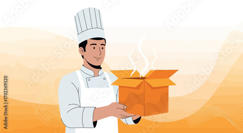 Chef Presenting a Ready To Eat Meal Box, Culinary Delivery Concept Illustration