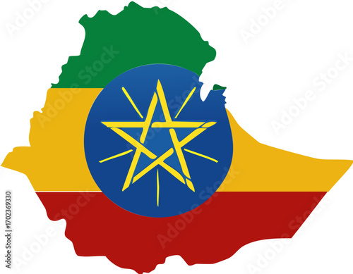 Ethiopia country map with national flag colors and emblem isolated vector