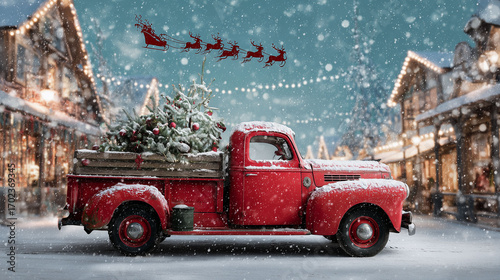 A red vintage truck filled with a snowy Christmas tree is parked on a snowy street, with decorated houses in the background and Santa's sleigh flying overhead.