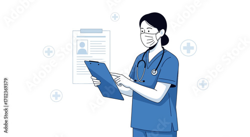 Dedicated Medical Professional Reviewing Patient Records In A Hospital Setting Illustration