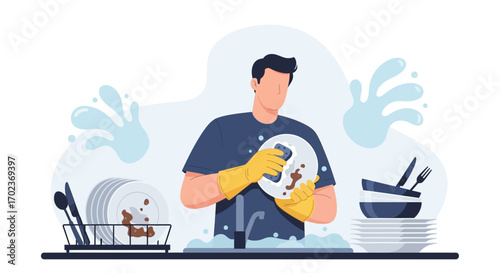 Dedicated Man Washing Dishes After Dinner Maintaining Kitchen Cleanliness and Hygiene