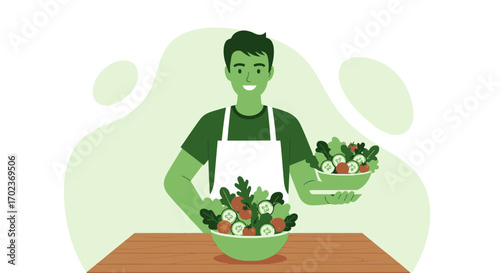 Chef Presenting Fresh Salad Bowls, Promoting Healthy Eating in Vibrant Artistic Style
