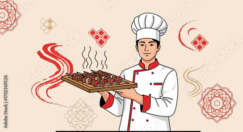 Chef Presenting Freshly Grilled Kebabs with Aromas, Ready For Serving and Presentation