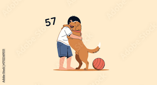 Delighted Child Embraces A Loyal Canine Companion in a Moment of Pure Affectionate Happiness