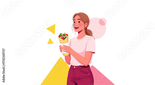 Delighted Person Holding Food Wrap in an Illustration Style with Geometric Shapes