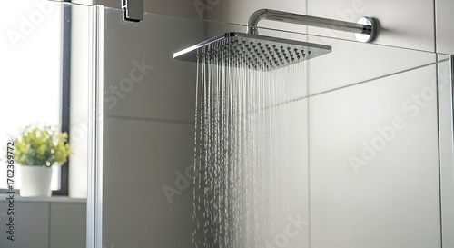 Modern chrome shower head with water flowing.