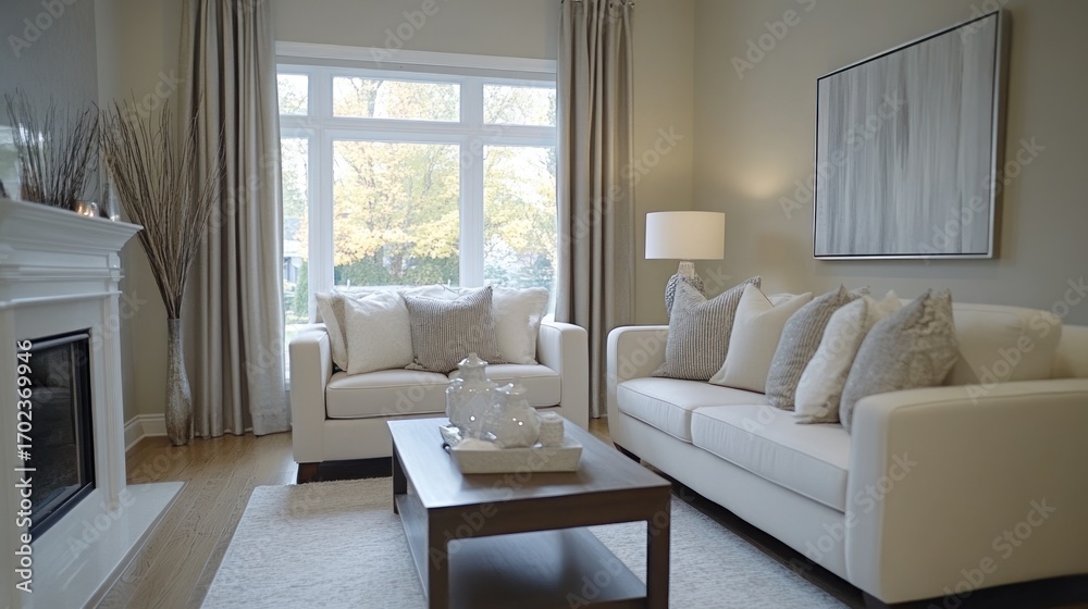 Obraz premium Cozy living room with fireplace and large window