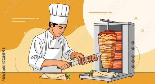 Chef Slicing Delicious Meat Shawarma with Kitchen Equipment and Prepared Meal