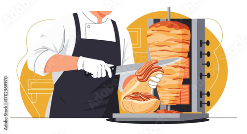 Chef Slicing Roasted Meat From Vertical Rotisserie for Delicious Fast Food Sandwich