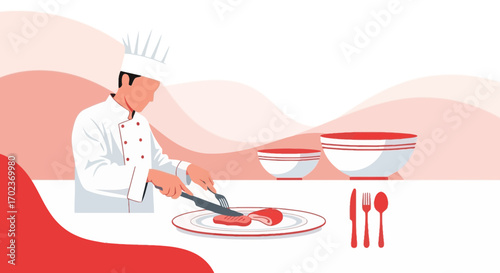 Chef Slicing Meat On a Plate, Conceptual Culinary Illustration With Bowls And Cutlery