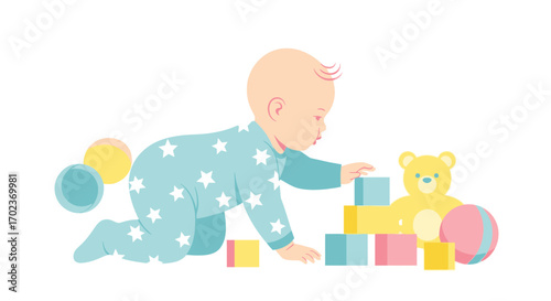 Delightful Toddler Exploring Colorful Blocks And A Teddy Bear On A White Surface