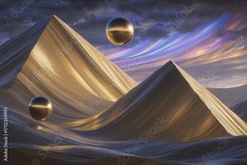 A surreal and captivating landscape featuring golden spheres and textured mountains.