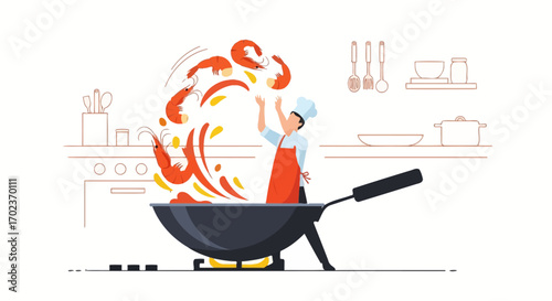 Chef Tosses Shrimp In Wok Creating Vibrant Culinary Scene Perfect For Food Design Projects