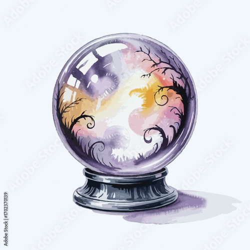 Transparent crystal ball with swirling colors and mystical patterns  