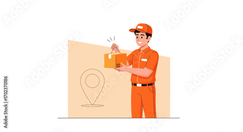 Delivery Person Holding Package Near Location Marker, Delivering Goods Quickly and Efficiently