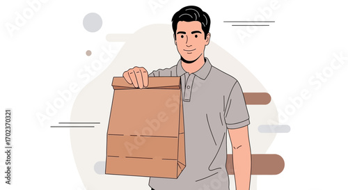 Delivery Personnel Presents Package in Minimalist Aesthetic with Appealing Composition