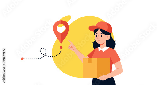 Delivery Woman Pointing Towards Destination With Package And Pinpoint Icon