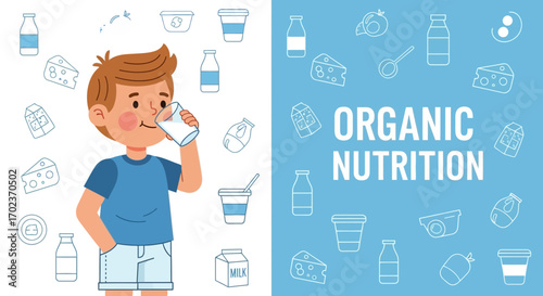 Child Embodies The Essence Of Health From Organic Nutrition With Beverages, Fruits, and Dairy