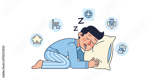 Depicted Sleepy Illustration: A Man Reclining Drifting Off With Zz's And Icons